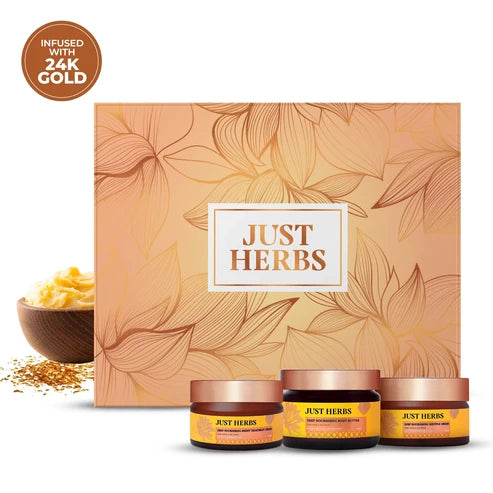 Just Herbs Golden Nourish Gift Set | Gifts for Her | 24K Gold & Pure Ghee Ritual - Set of 3