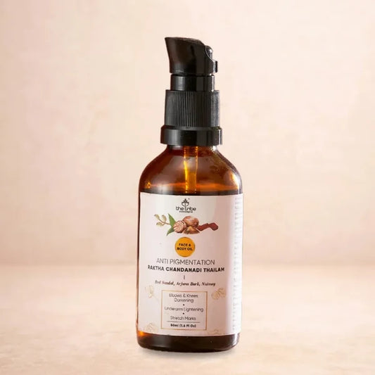 Homegrown Ingredients 24k Kumkumadi Thailam Saffron Saffron  Helps with skin brightening  Manjistha Manjistha  Detoxifies the skin  Haridra Haridra  Reduces pigmentation  Sandalwood Sandalwood  Evens out skin tone