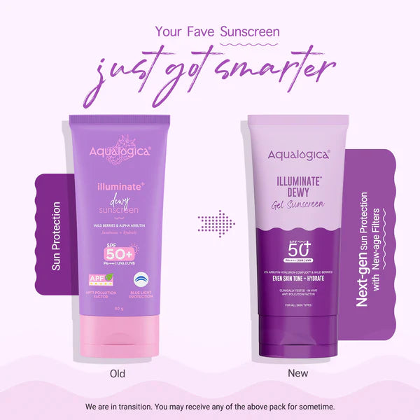 Aqualogica Illuminate+ Dewy Sunscreen SPF 50+ PA++++ with Wild Berries & Alpha Arbutin, Protection Against Uva/B & Blue Light Protection