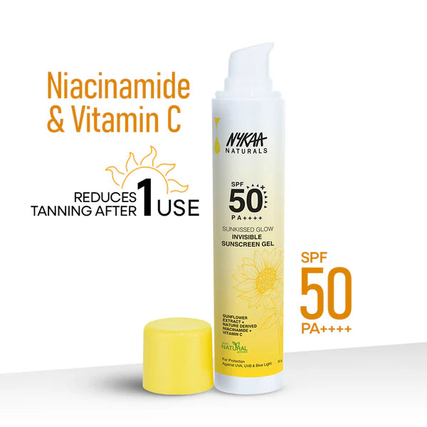 Nykaa Naturals SUNKISSED GLOW Invisible Sunscreen Gel SPF 50 PA++++ with Niacinamide and Vitamin C - 50 gm