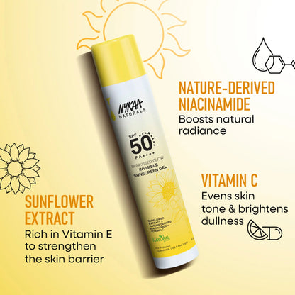 Nykaa Naturals SUNKISSED GLOW Invisible Sunscreen Gel SPF 50 PA++++ with Niacinamide and Vitamin C - 50 gm