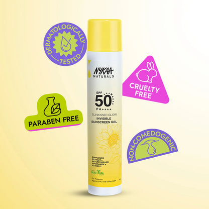 Nykaa Naturals SUNKISSED GLOW Invisible Sunscreen Gel SPF 50 PA++++ with Niacinamide and Vitamin C - 50 gm