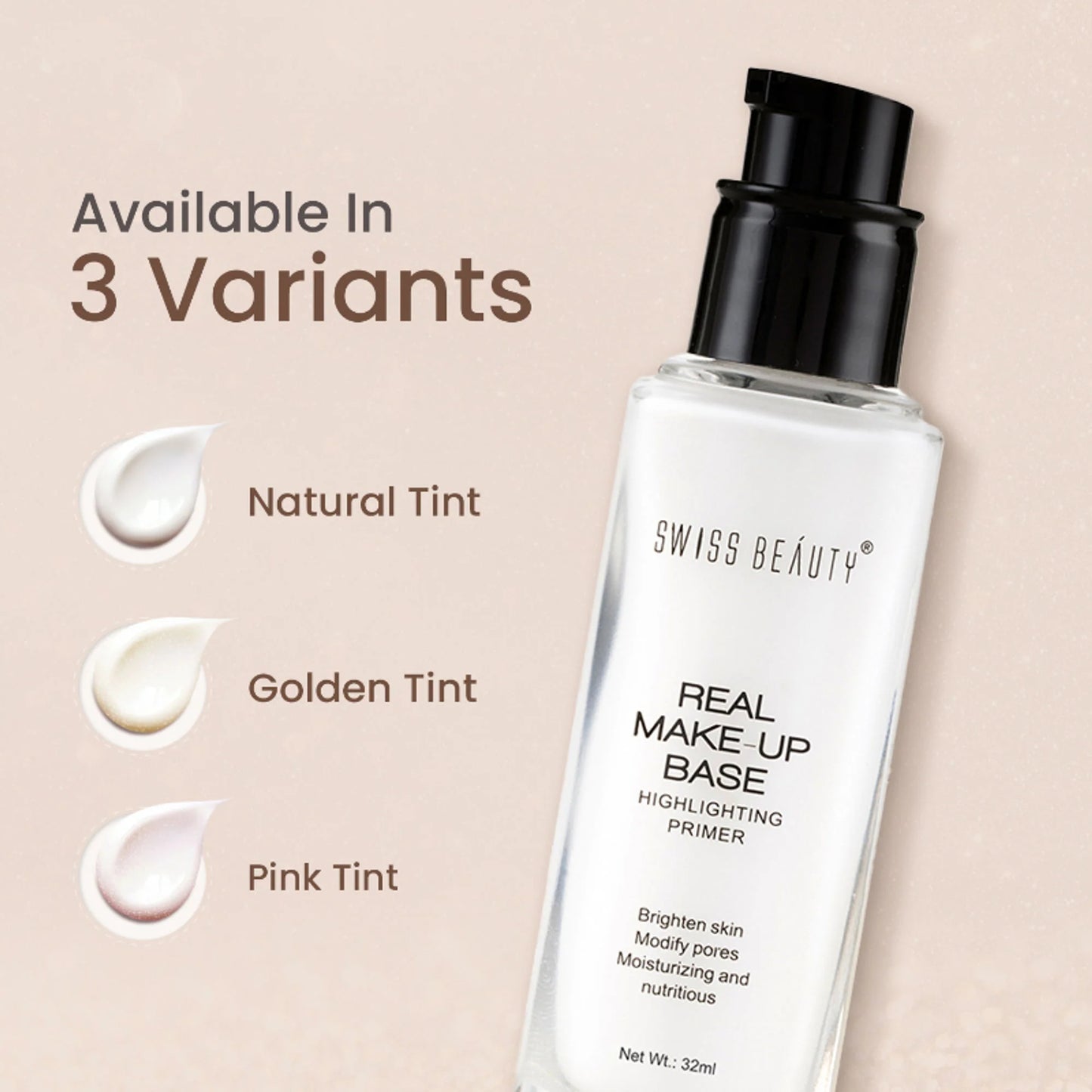 Swiss Beauty Real Make-Up Base Highlighting Primer , Brighten Skin , Modify Pore - 02 Golden Tint - 32 ml
