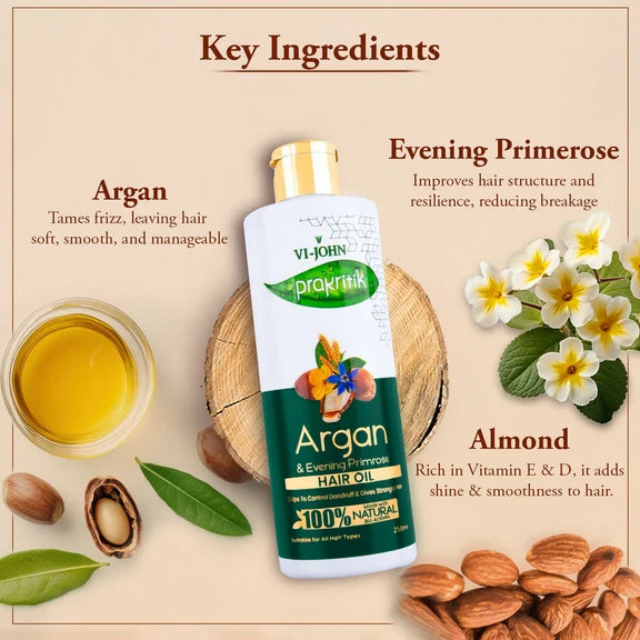 VI-JOHN Prakritik Argan & Evening Primrose Hair oil, Helps to Control Dandruff,100% Bio Actives Hair Oil - 250 ml