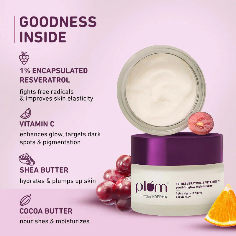 Plum 1% Resveratrol & Vitamin C Anti-Aging Moisturizer For Glowing Skin - 50 gm