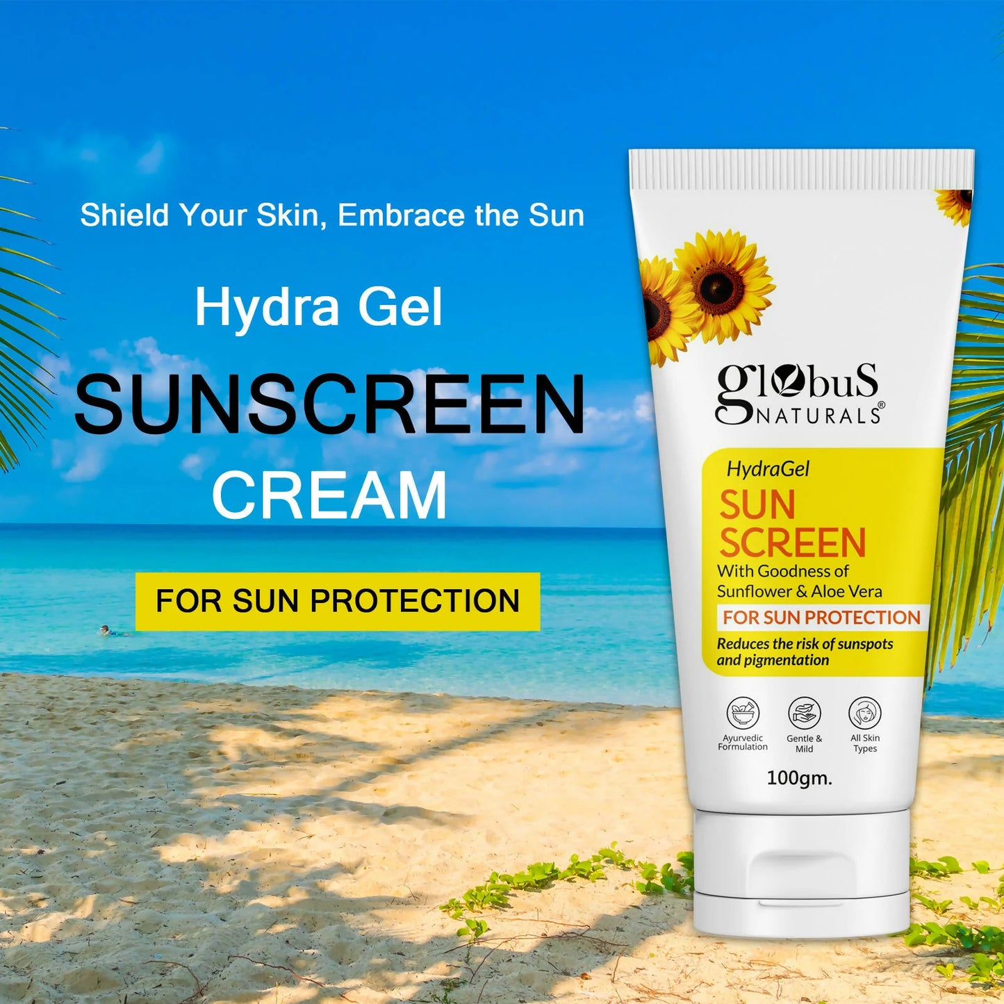 Globus Naturals Hydra Gel Sunscreen With Goodness of Sunflower & AloeVera For Sun Protection All Skin Types - 100 gm