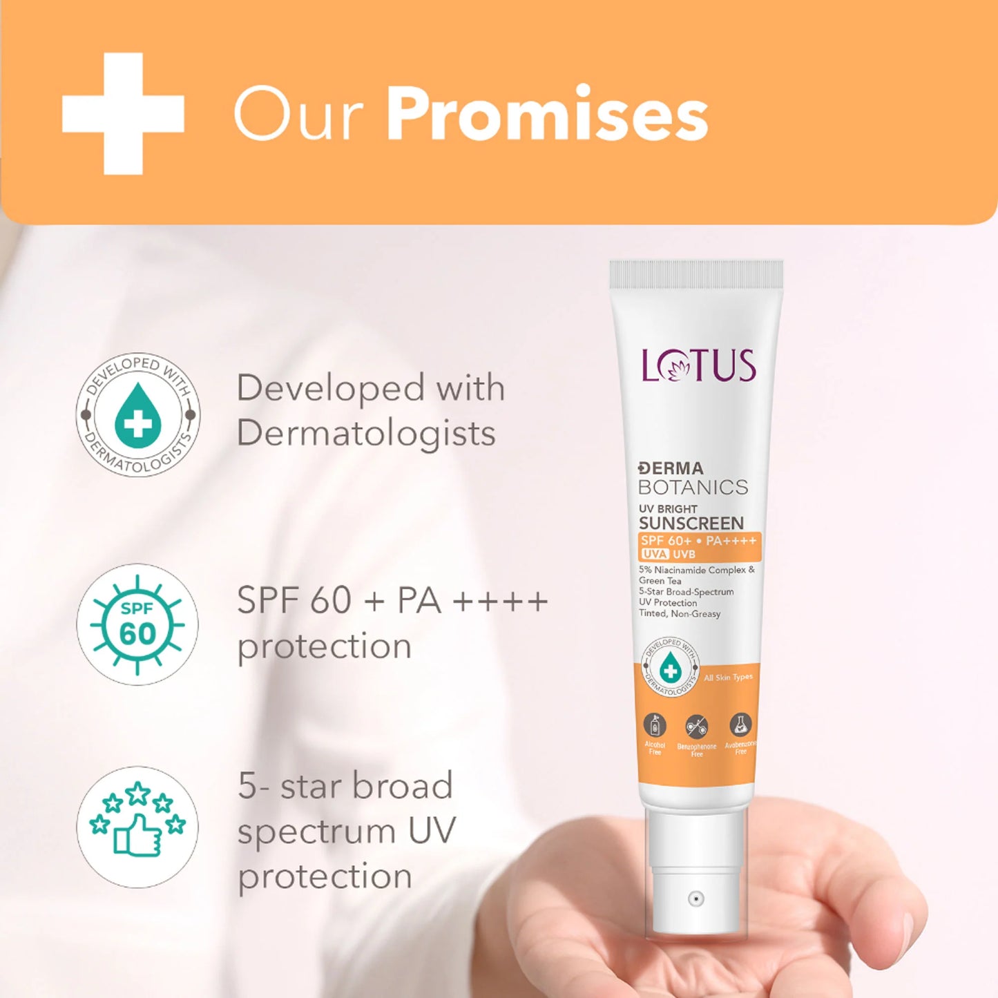 Lotus DermaBotanics 5% Niacinimide Complex + Green Tea UV Bright Sunscreen SPF 60 + PA++++ - 40g