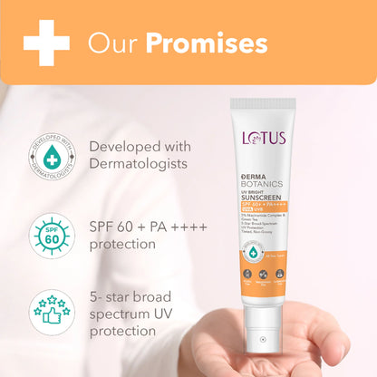 Lotus DermaBotanics 5% Niacinimide Complex + Green Tea UV Bright Sunscreen SPF 60 + PA++++ - 40g