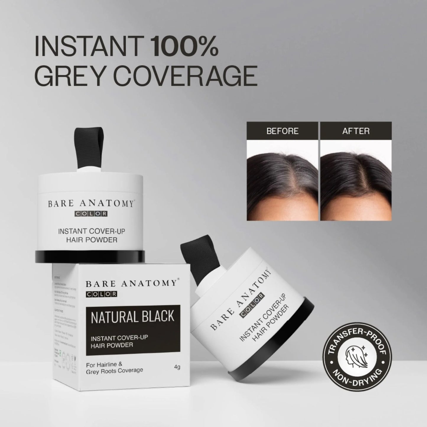 Bare Anatomy Cover-Up Hair Powder 100% Instant Grey Coverage Seamless Natural Finish - Black - 4 gm