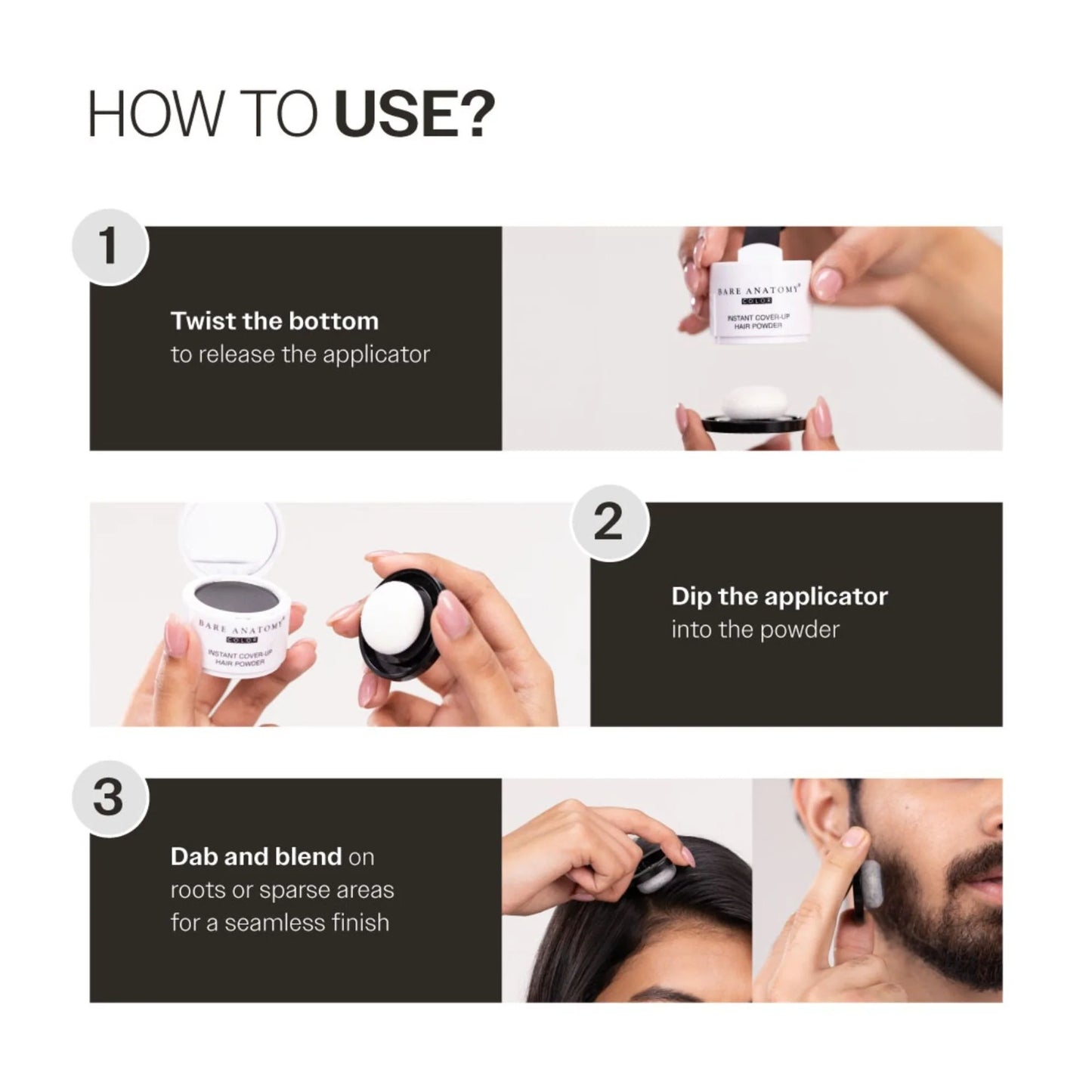 Bare Anatomy Cover-Up Hair Powder 100% Instant Grey Coverage Seamless Natural Finish - Black - 4 gm