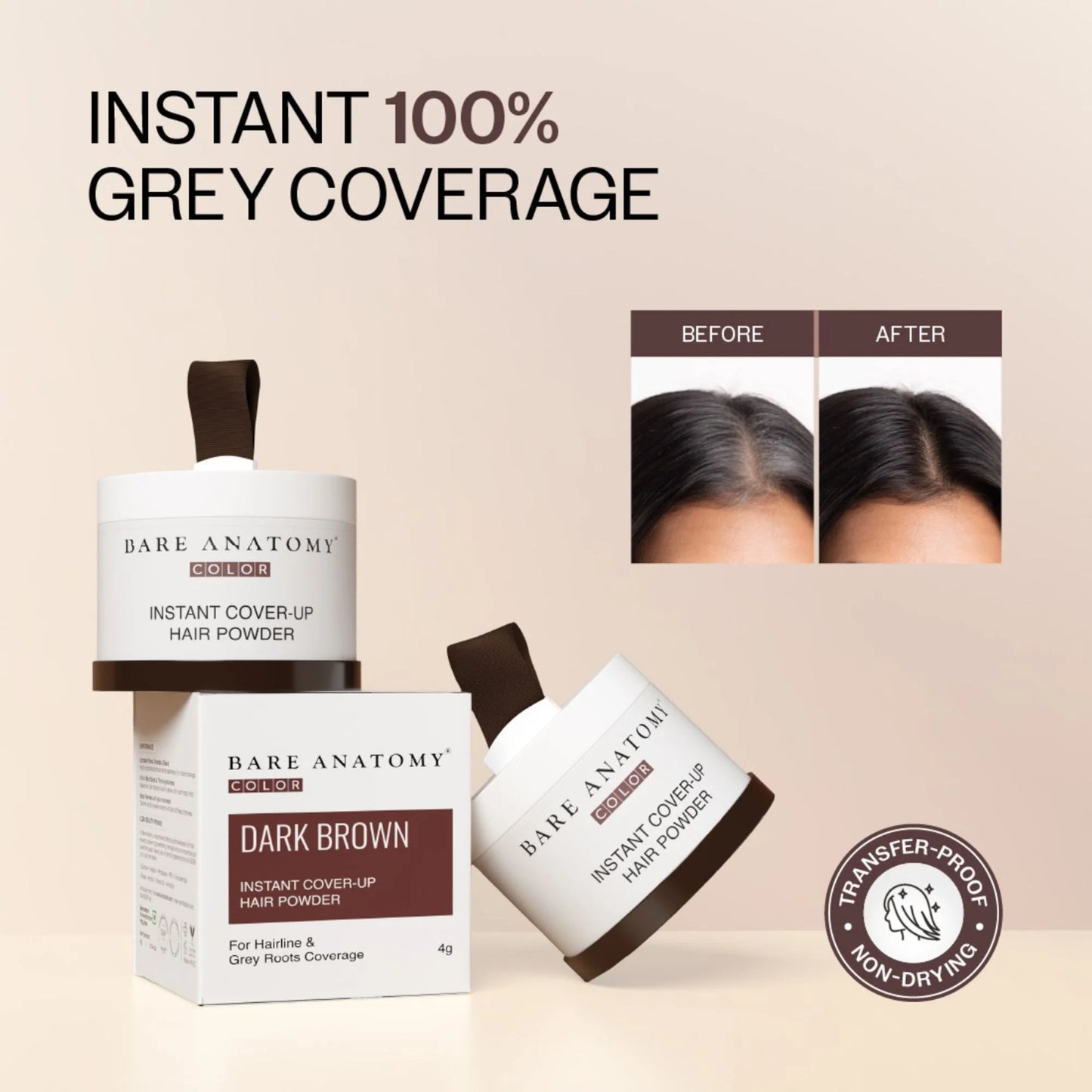 Bare Anatomy Cover-Up Hair Powder 100% Instant Grey Coverage Seamless Natural Finish - Brown - 4 gm