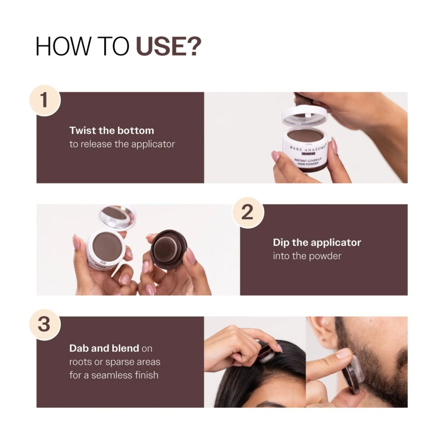 Bare Anatomy Cover-Up Hair Powder 100% Instant Grey Coverage Seamless Natural Finish - Brown - 4 gm