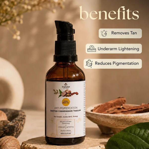 Homegrown Ingredients 24k Kumkumadi Thailam Saffron Saffron  Helps with skin brightening  Manjistha Manjistha  Detoxifies the skin  Haridra Haridra  Reduces pigmentation  Sandalwood Sandalwood  Evens out skin tone