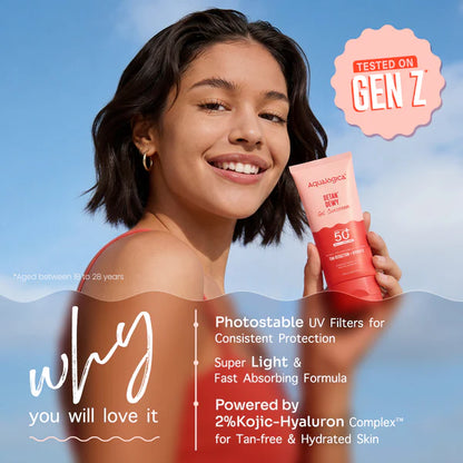 Aqualogica Detan+ Dewy Gel Sunscreen SPF 50+ PA++++ with 2% Kojic-Hyaluron Complex™ & Wild Berries
