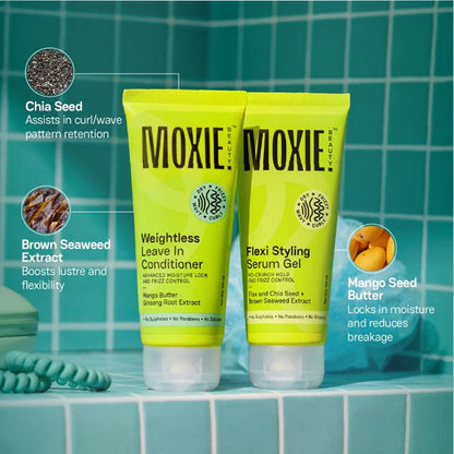 Moxie Beauty Wavy Travel Routine - Shampoo, Conditioner, Leave-In Conditioner & Styling Serum Gel - combo