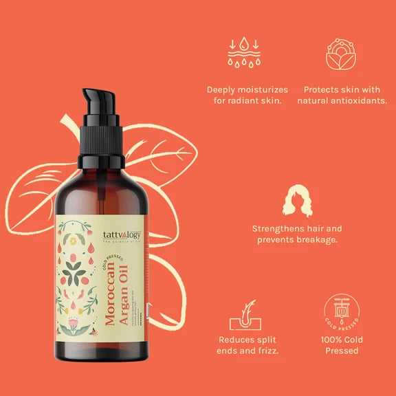 Tattvalogy Organic Moroccan Argan Oil - Vitamin-E Rich, Antioxidant, Tames Frizz for Smooth Hair - 15 ml