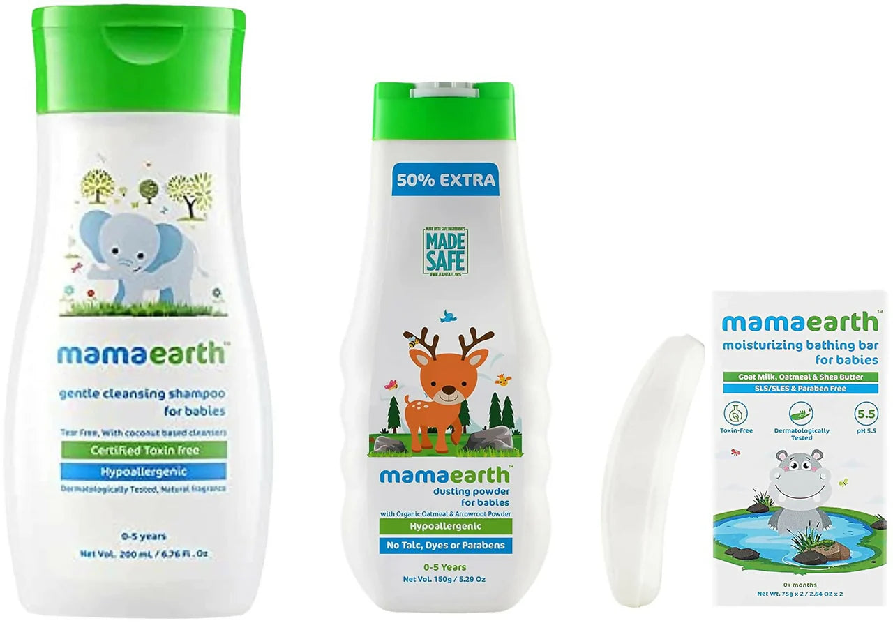 Mamaearth Moisturizing Baby Bathing Soap Bars & Dusting Powder & Gentle Cleansing Baby Shampoo