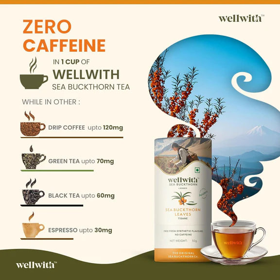 Wellwith Sea Buckthorn Raw Leaves Tea - Himalayan Herbal Leaf Tea - 50 gm