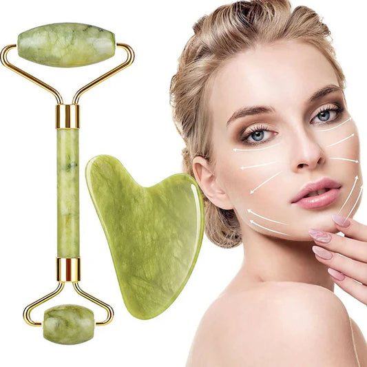 Favon Pack of Facial Roller & Gua Sha for Face, Neck Toning, Firming and Serum Application - Combo