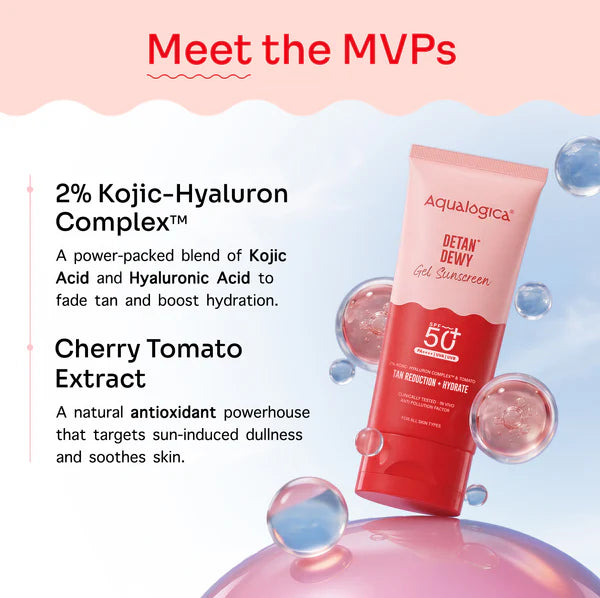 Aqualogica Detan+ Dewy Gel Sunscreen SPF 50+ PA++++ with 2% Kojic-Hyaluron Complex™ & Wild Berries