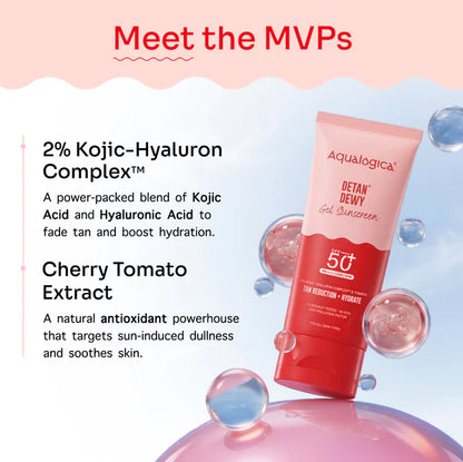 Aqualogica Detan+ Dewy Gel Sunscreen SPF 50+ PA++++ with 2% Kojic-Hyaluron Complex™ & Wild Berries