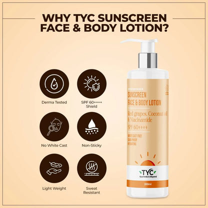 TYC Sunscreen Face & Body Lotion - Red Grapes, Coconut Oil & Niacinamide | SPF 60++++ - 200 ml