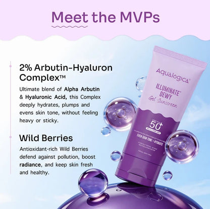 Aqualogica Illuminate+ Dewy Sunscreen SPF 50+ PA++++ with Wild Berries & Alpha Arbutin, Protection Against Uva/B & Blue Light Protection