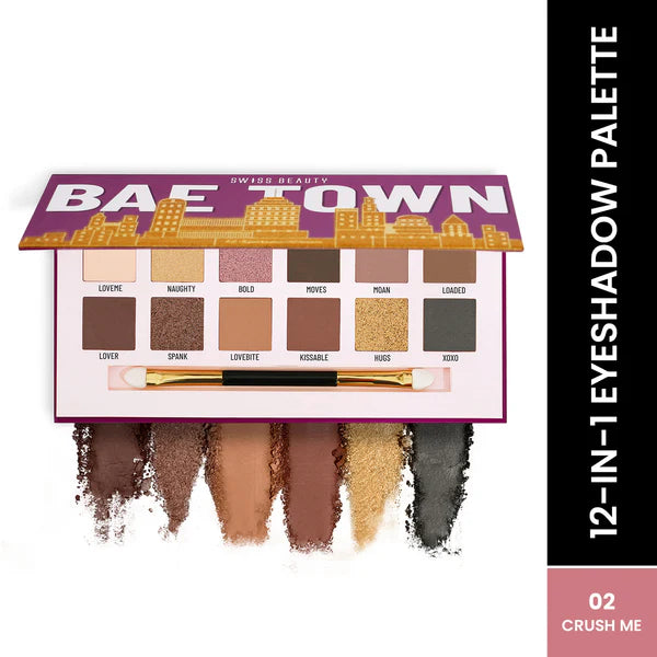 Swiss Beauty Bae Town 12-In-1 Comes Eyeshadow Palette With Eye Brush - 02 Crush Me - 14 gm