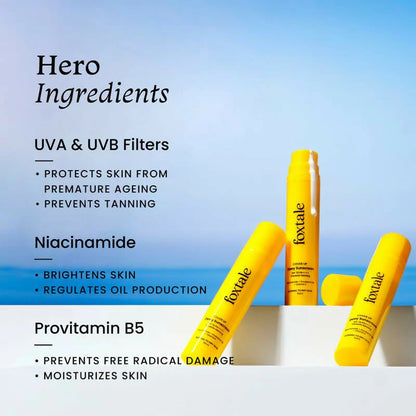 Foxtale Dewy Sunscreen SPF 70 PA++++ With Niacinamide + Provitamin B5 + Vitamin E - Anti-Tan Formula & Spot Depigmentation