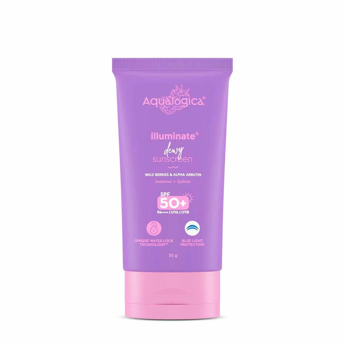 Aqualogica Illuminate+ Dewy Sunscreen SPF 50+ PA++++ with Wild Berries & Alpha Arbutin, Protection Against Uva/B & Blue Light Protection - 30 gm
