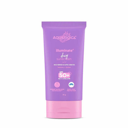 Aqualogica Illuminate+ Dewy Sunscreen SPF 50+ PA++++ with Wild Berries & Alpha Arbutin, Protection Against Uva/B & Blue Light Protection - 30 gm