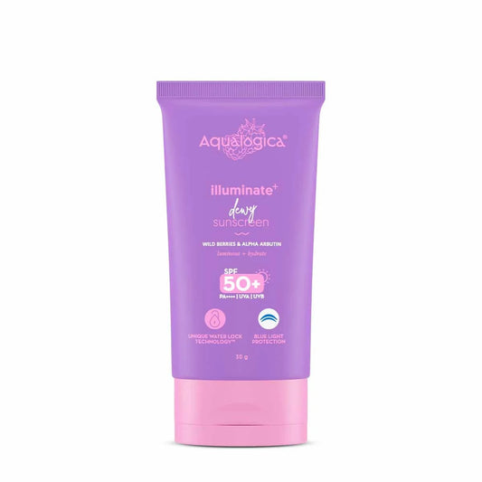 Aqualogica Illuminate+ Dewy Sunscreen SPF 50+ PA++++ with Wild Berries & Alpha Arbutin, Protection Against Uva/B & Blue Light Protection - 30 gm