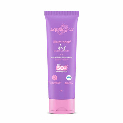 Aqualogica Illuminate+ Dewy Sunscreen SPF 50+ PA++++ with Wild Berries & Alpha Arbutin, Protection Against Uva/B & Blue Light Protection - 30 gm
