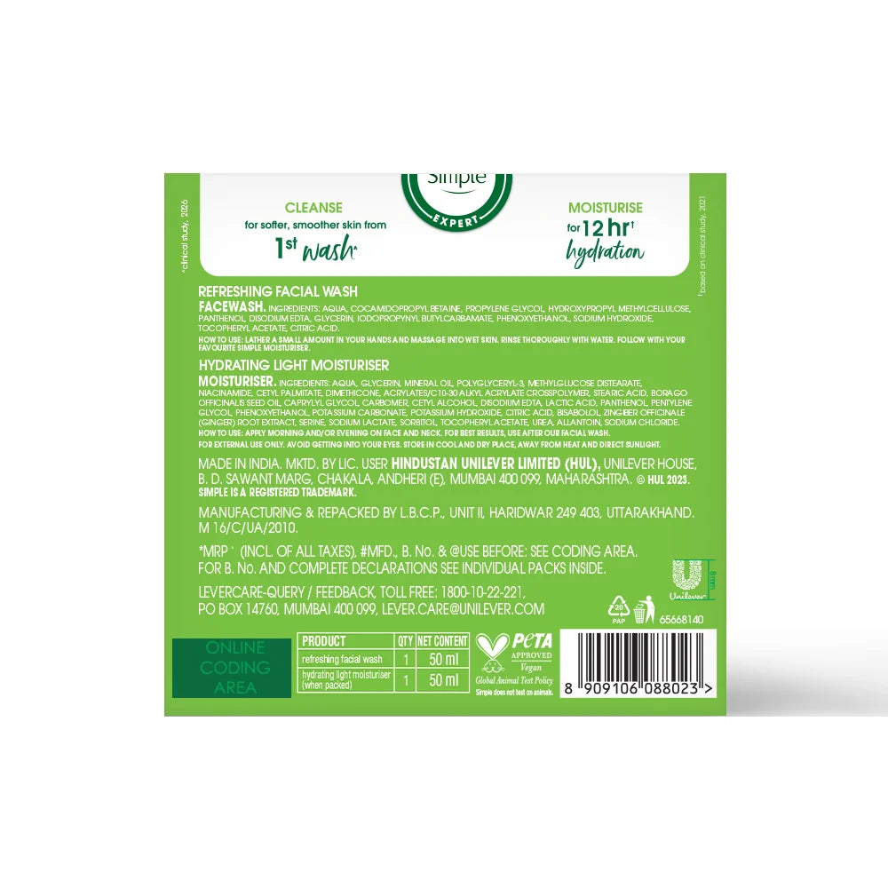 Simple Travel Kit Hydrating Duo, Refreshing Facial Wash 50ml and Hydrating Light Moisturiser 50ml