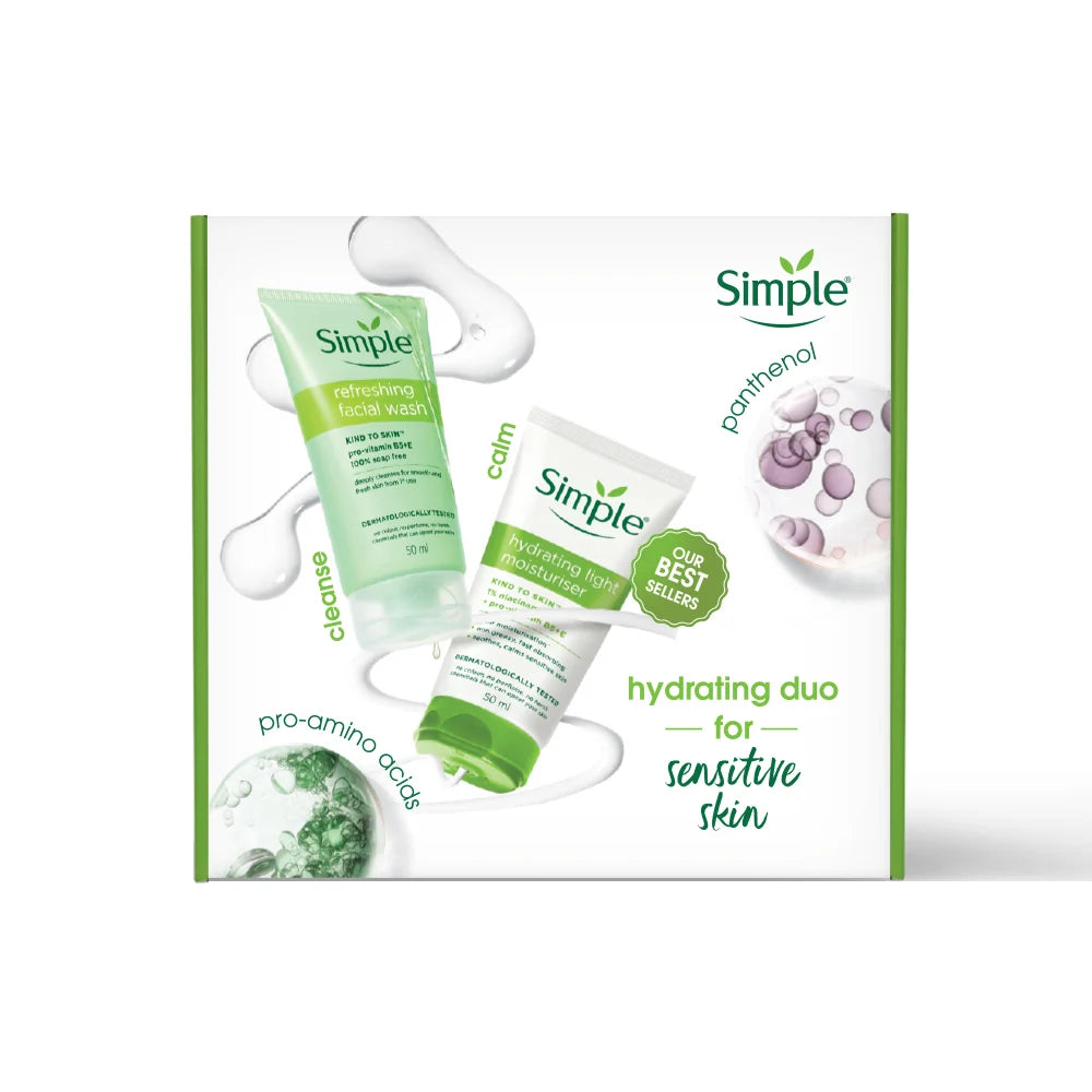 Simple Travel Kit Hydrating Duo, Refreshing Facial Wash 50ml and Hydrating Light Moisturiser 50ml