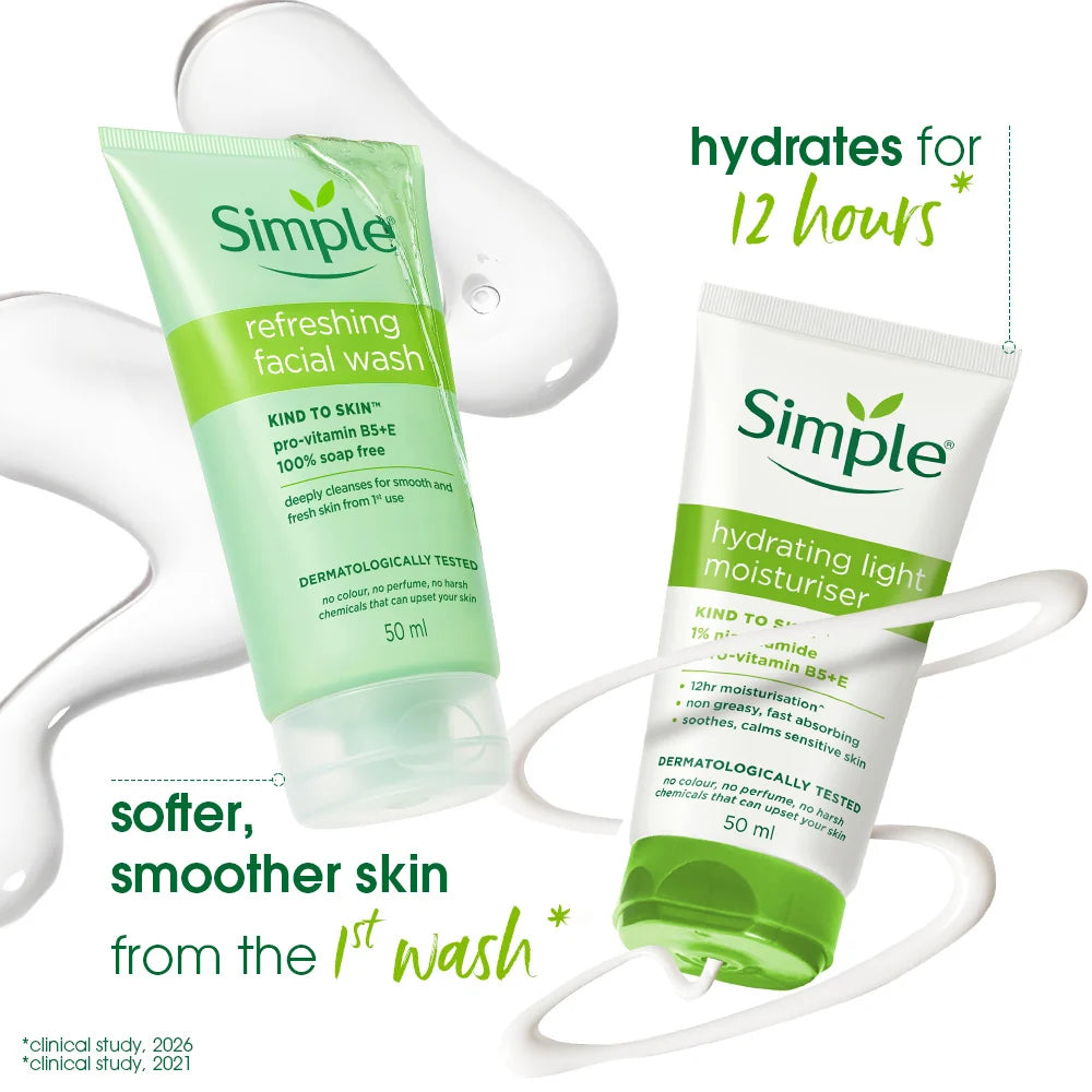 Simple Travel Kit Hydrating Duo, Refreshing Facial Wash 50ml and Hydrating Light Moisturiser 50ml