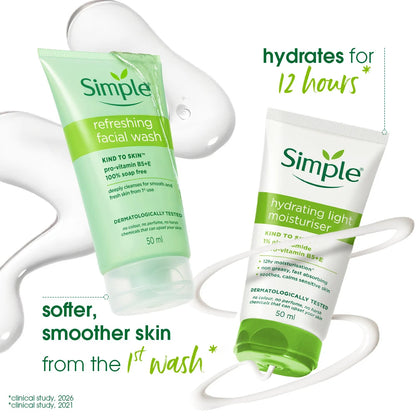 Simple Travel Kit Hydrating Duo, Refreshing Facial Wash 50ml and Hydrating Light Moisturiser 50ml