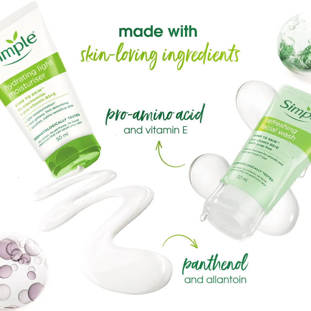Simple Travel Kit Hydrating Duo, Refreshing Facial Wash 50ml and Hydrating Light Moisturiser 50ml