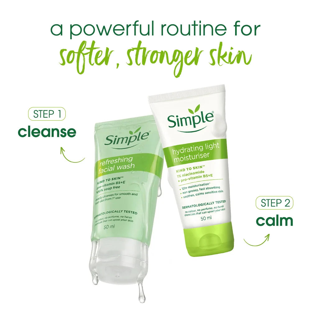 Simple Travel Kit Hydrating Duo, Refreshing Facial Wash 50ml and Hydrating Light Moisturiser 50ml