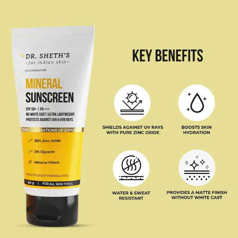 Dr. Sheth's Mineral Sunscreen SPF 50 PA+++, Ultra Lightweight & Non-sticky, For All Skin Types