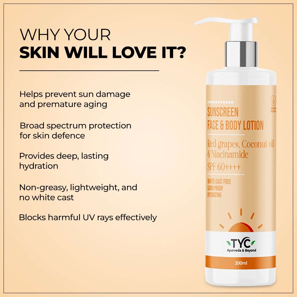 TYC Sunscreen Face & Body Lotion - Red Grapes, Coconut Oil & Niacinamide | SPF 60++++ - 200 ml