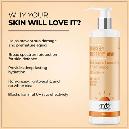 TYC Sunscreen Face & Body Lotion - Red Grapes, Coconut Oil & Niacinamide | SPF 60++++ - 200 ml