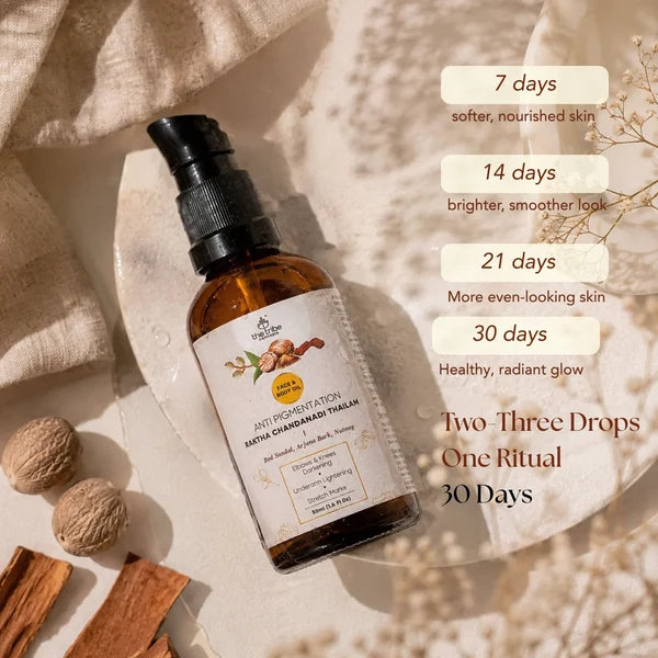 Homegrown Ingredients 24k Kumkumadi Thailam Saffron Saffron  Helps with skin brightening  Manjistha Manjistha  Detoxifies the skin  Haridra Haridra  Reduces pigmentation  Sandalwood Sandalwood  Evens out skin tone