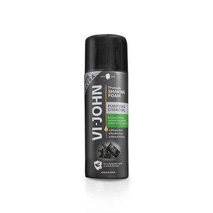 VI-JOHN Dermatologically Tested Premium Purifying Charcoal Shaving Foam Enriched with Aloevera & Jojoba Oil Free From Silicone, Paraben & Mineral Oil - 200 gm