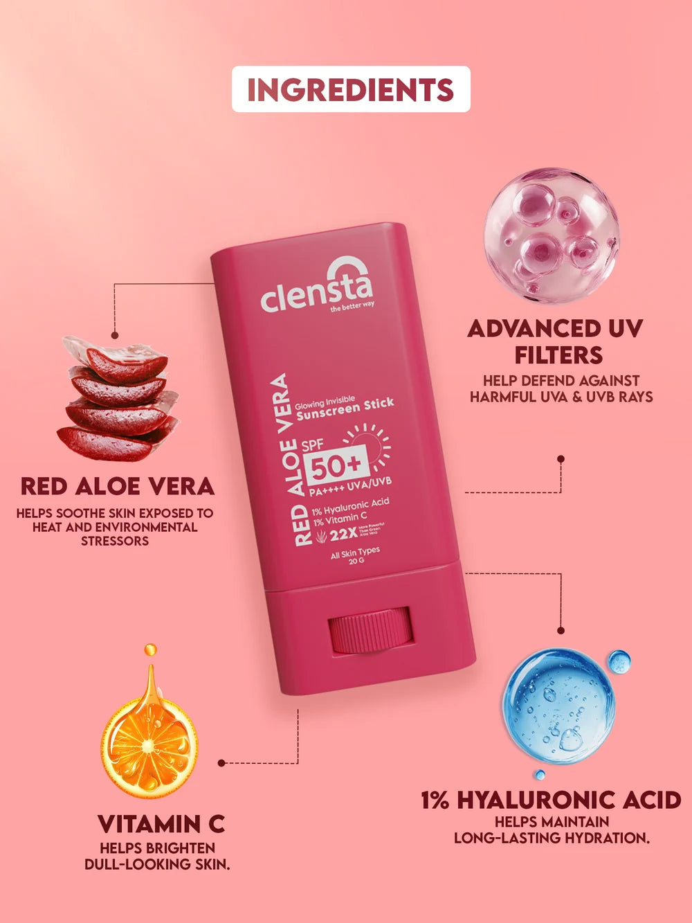 Red Aloe Vera Sun Stick With 1% Hyaluronic Acid & 1% Vitamin C