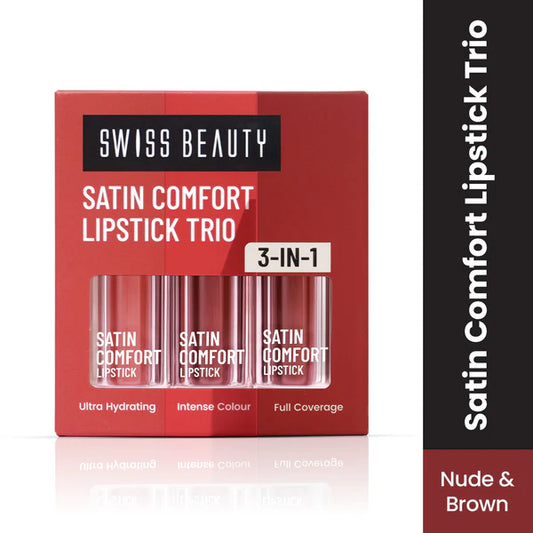 Swiss Beauty Satin Comfort Lipstick Trio 3-In-1 Combo - Nude And Brown - 9 gm