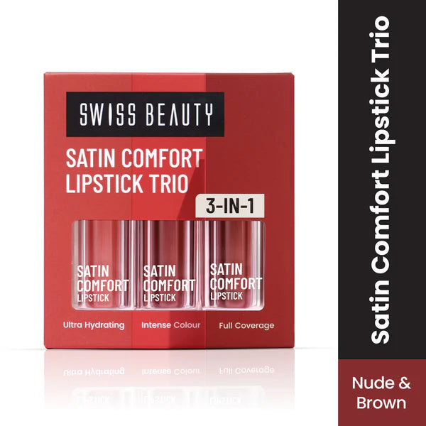 Swiss Beauty Satin Comfort Lipstick Trio 3-In-1 Combo - Nude And Brown - 9 gm