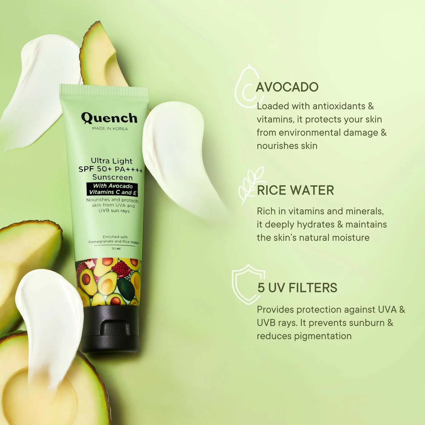 Quench Vitamin E Ultra Light SPF 50+ PA++++ Sunscreen for Glowing Skin - Korean Skincare - 50 ml