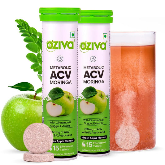 OZiva ACV Moringa For Weight Loss 3-in-1 Fat Oxidation Formula Tablets -Pack of 2 - 15 tabs
