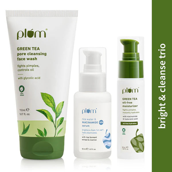 Plum Green Tea Face Wash, Serum And Moisturizer Trio With SPF 50 PA+++ For Acne Prone & Oily Skin - combo